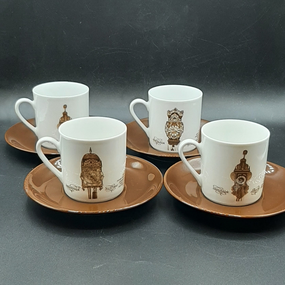 Vtg Mitterteich Porzellan Cappuccino Cup & Saucer Clock Pattern Set of 4 Germany